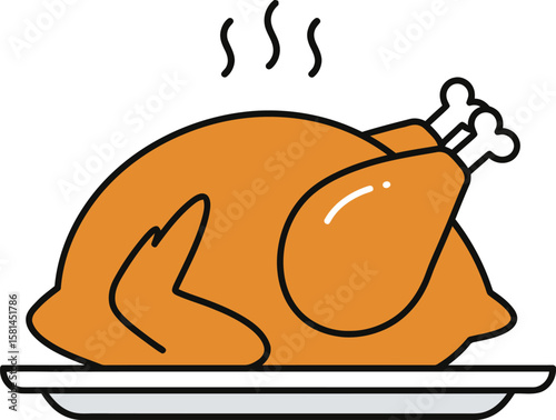 Illustration of a roasted turkey on a white plate, with steam rising, ready to be served.