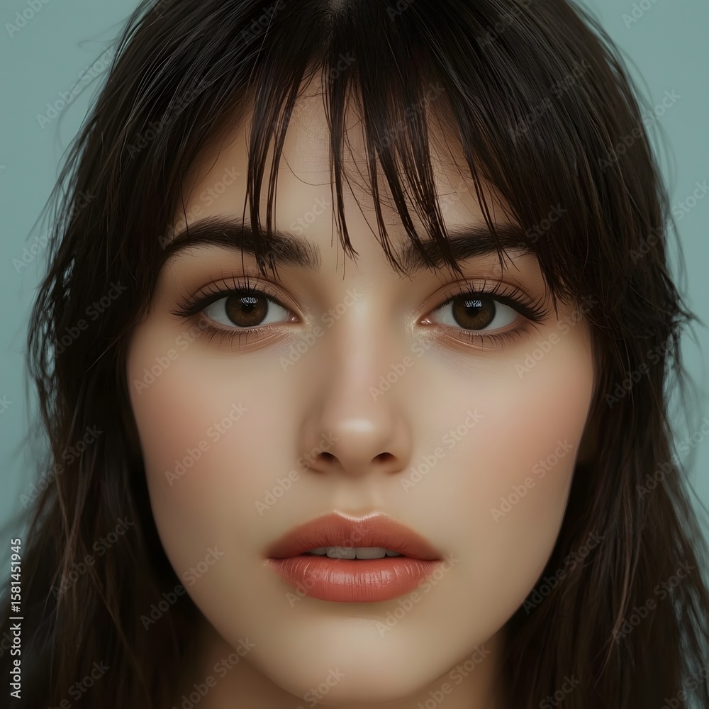 Close-up portrait of a beautiful young woman with flawless skin, soft peach makeup, and dark hair with bangs against a pastel blue background, perfect for beauty, skincare, fashion, and cosmetic brand Close-up portrait of a beautiful young woman with flawless skin, soft peach makeup, and dark hair with bangs against a pastel blue background, perfect for beauty, skincare, fashion, and cosmetic brand