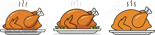 Three roasted turkeys, each on a plate, steaming, ready to eat.