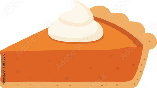 A slice of pumpkin pie with whipped cream topping, isolated on white background.