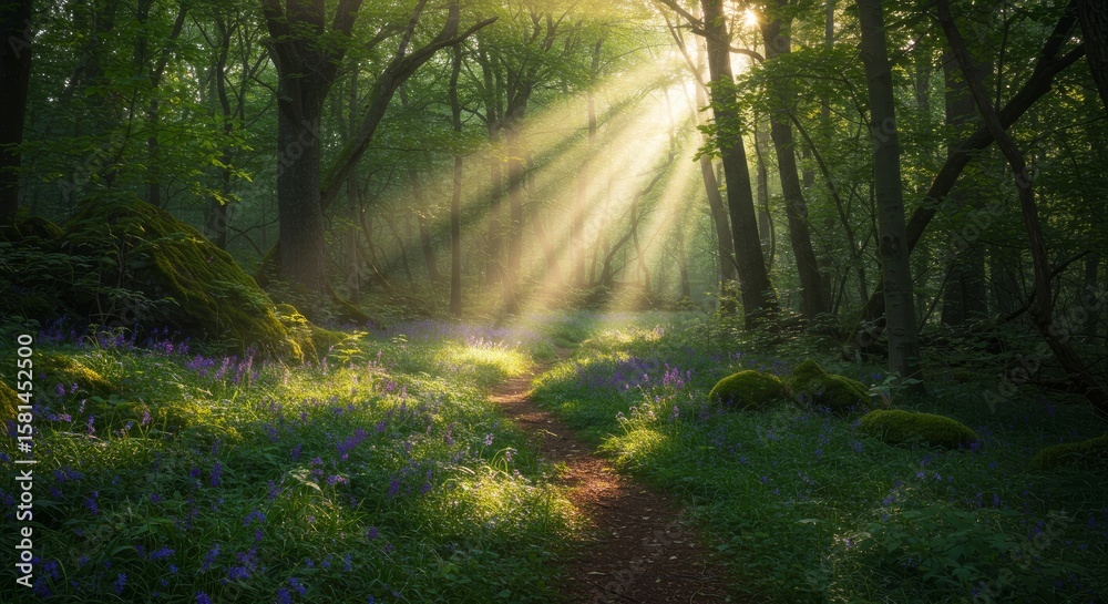 Fototapeta premium Sun rays pierce through the morning mist in an autumn forest, illuminating a serene path beside a gentle river