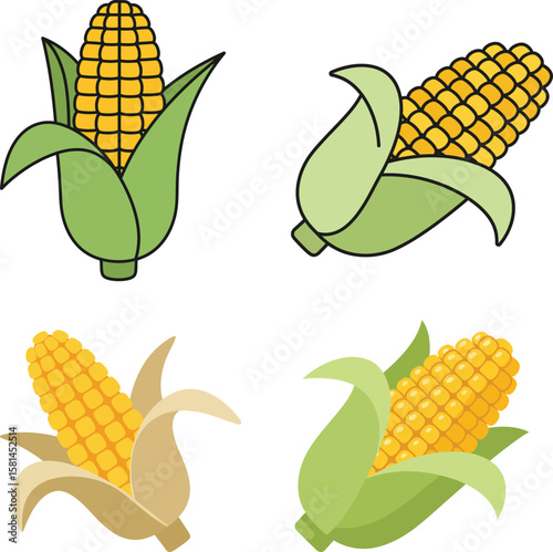 Four stylized illustrations of corn cobs, showcasing different variations in color and leaf representation.