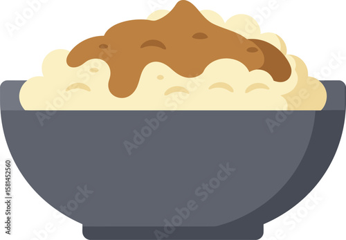 A bowl of mashed potatoes topped with brown gravy, ready to eat.