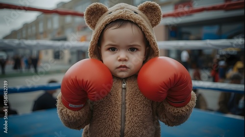Adorable toddler wearing a brown bear costume with red boxing gloves standing in a boxing ring with a serious expression, perfect for concepts of determination, strength, humor, and childhood

