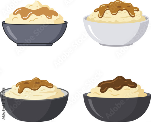 Four bowls of fluffy mashed potatoes topped with delicious gravy.