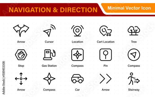 Navigation and Direction Line Icons vector. symbol of map location, Route, Marker, road trip, and navigate icons. Pinpoint. Location icon. Map place marker. pointer GPS location symbol.