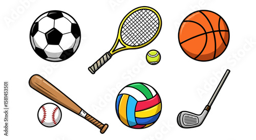 Assorted sports equipment featuring balls bat and clubs arranged in a playful manner illustration