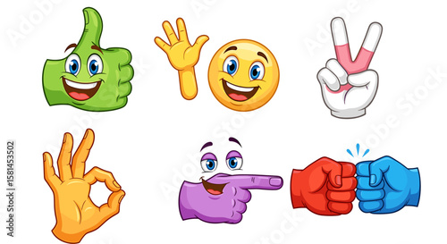 Collection of cartoon hand gestures including thumbs up wave ok peace point and fist bump expressions