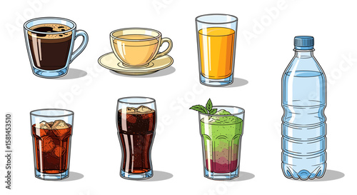 Assortment of beverages including coffee tea juice soda and water displayed together in a group shot