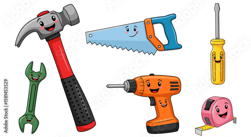 Cartoon tools with smiling faces including a hammer saw wrench drill screwdriver and tape measure