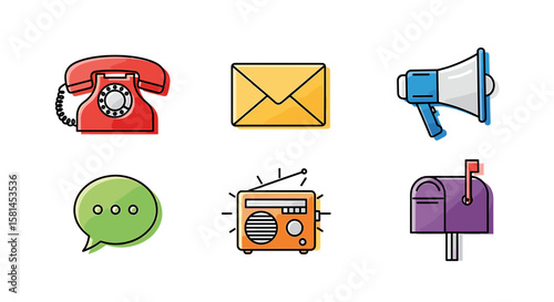 Assorted communication icons including phone, envelope, megaphone, chat bubble, radio, and mailbox