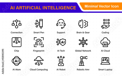 Set of Ai artificial intelligence icon set vector collection. AI Essentials line Icon collection, artificial intelligence icon set in line style, machine learning, smart robotic Free Vector