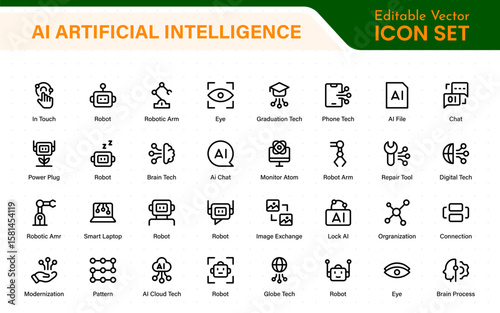 Set of Ai artificial intelligence icon set vector collection. AI Essentials line Icon collection, artificial intelligence icon set in line style, machine learning, smart robotic Free Vector