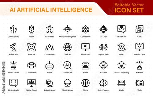 Set of Ai artificial intelligence icon set vector collection. AI Essentials line Icon collection, artificial intelligence icon set in line style, machine learning, smart robotic Free Vector