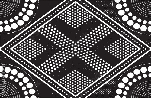Abstract black and white geometric pattern with circles and dotted details for design backgrounds
