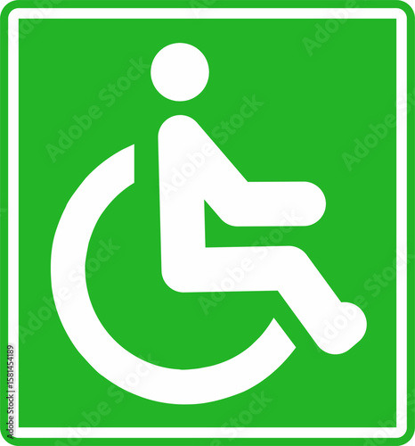 Solid icon image of a disabled person using a wheelchair. suitable for use as information, notification and warning in various situations involving disabled people. Green color square