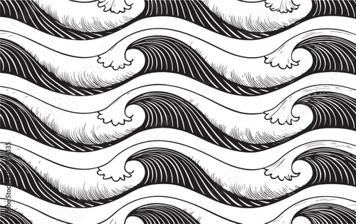 Black and white engraved style ocean wave seamless pattern for decorative design purposes