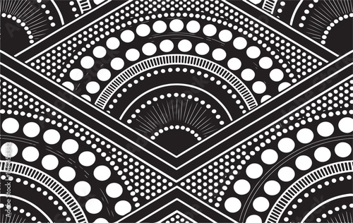 Black and white geometric pattern featuring circles and lines for textile design and decoration