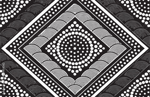 Black and white geometric repeating pattern with dotted circles and semicircles in a symmetrical design