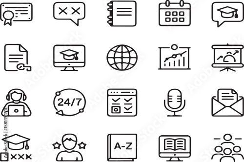 Collection of education and business icons in minimalist line art style for design elements