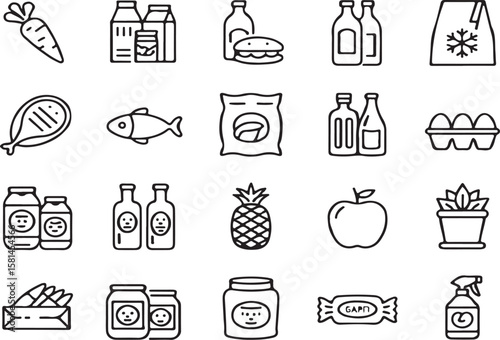 Collection of minimalist food and beverage icons representing various grocery products