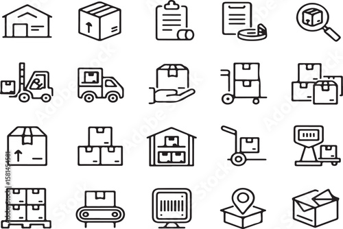 Collection of outline icons representing logistics and delivery processes with boxes and packages