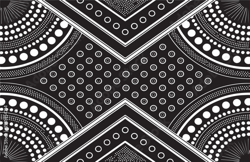 Geometric abstract black and white pattern with circular and angular design elements