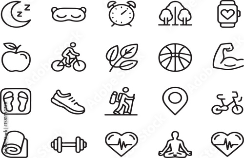 Outline icons representing healthy lifestyle choices for wellness and physical fitness