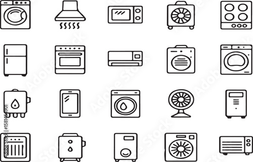 Simple vector icons representing various modern household appliances and electronic devices