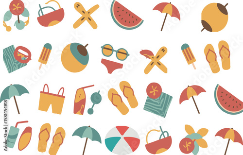 Summer vacation elements beach holiday icons illustration collection on white background