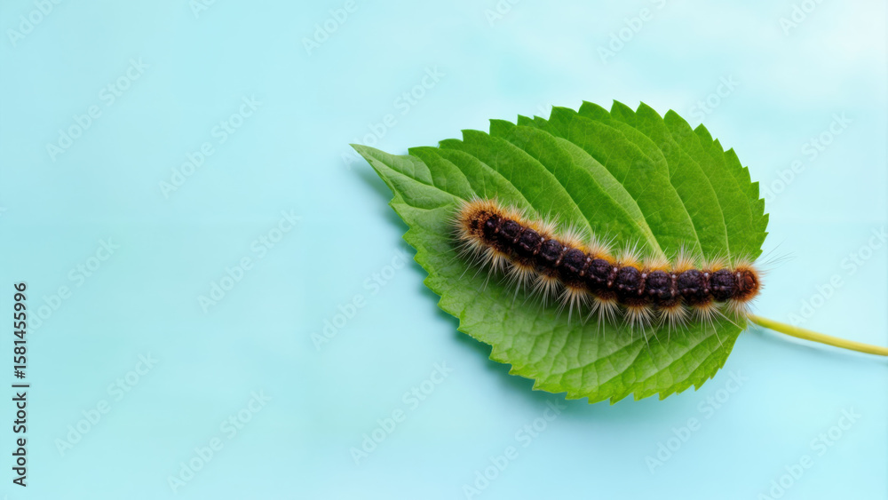 Fototapeta premium A furry caterpillar on a green leaf against a light blue background. Copy space. A cute bug. A colorful insect.