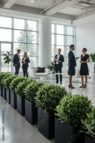 Modern office environment with corporate employees networking and having informal discussions surrounded by potted green plants, symbolizing sustainability and business collaboration.

