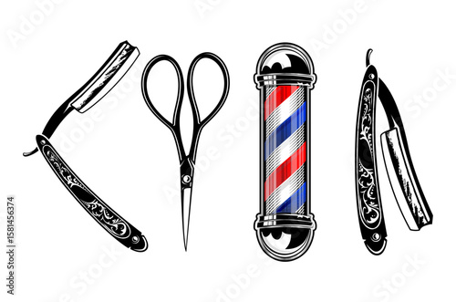 Barbershop vector design featuring vintage elements and a traditional barber pole Scissors razor