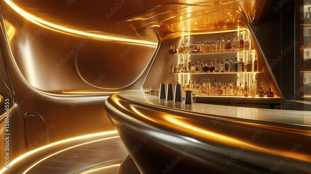 Fototapeta premium Golden, futuristic bar with curved walls. Sleek, illuminated interior