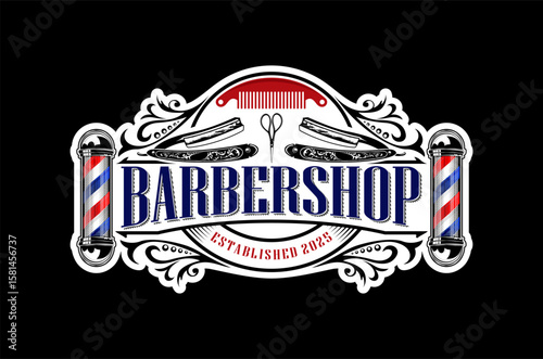 Classic barbershop logo design featuring vintage elements and a traditional barber pole. Scissors and razor element.
