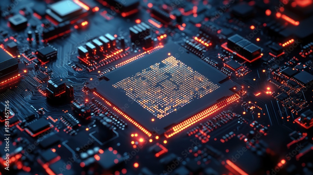 Obraz premium Close-up of a complex circuit board with a central processor chip highlighted by glowing red/orange lights. Intricate network of electrical components