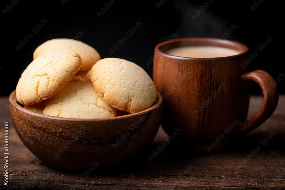 A wooden bowl with cookies sits next to a wooden mug of coffee steam rising above the mug A wooden bowl with cookies sits next to a wooden mug of coffee steam rising above the mug