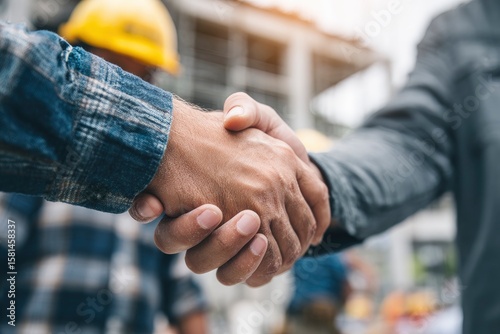 Two people in work attire shake hands at a construction site