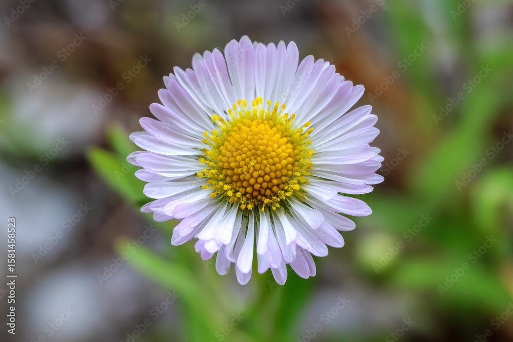 A closeup image of a blooming daisy with purpletinted petals and a yellow center A closeup image of a blooming daisy with purpletinted petals and a yellow center