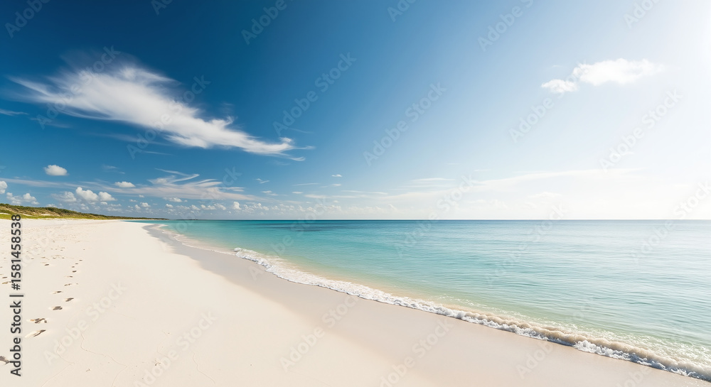 Idyllic tropical paradise beach with footprints on white sand and calm turquoise ocean Idyllic tropical paradise beach with footprints on white sand and calm turquoise ocean
