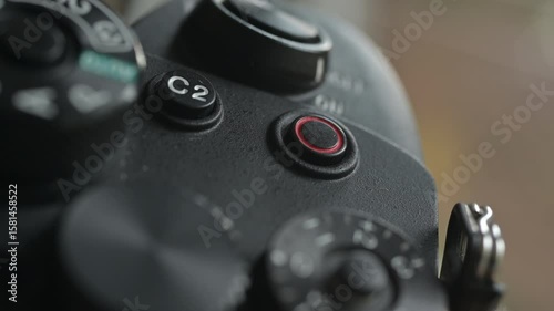 Close up of photo video camera in action