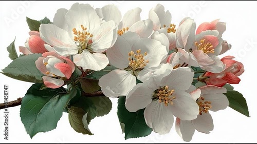 A cluster of white and pink apple blossoms with green leaves on a branch, set against a white background.