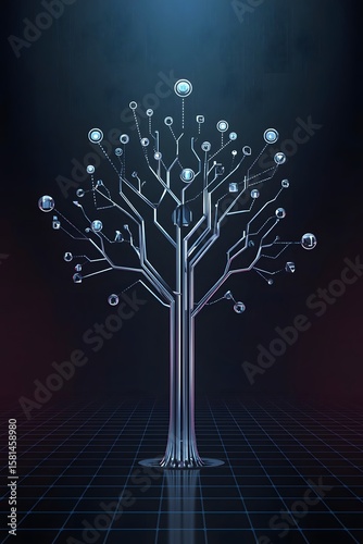 Abstract digital tree made of network connections and data nodes on a dark futuristic background, symbolizing artificial intelligence, innovation, growth, and technology systems


