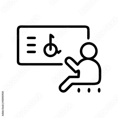 An educational illustration captures a teacher presenting musical notation and lessons on a board, fostering an atmosphere of learning and musical exploration.