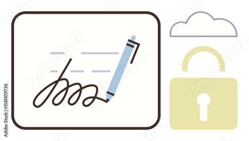 Pen creating a digital signature, cloud icon, and padlock representing security. Ideal for authentication, privacy, online agreements, cybersecurity, data protection, cloud storage electronic
