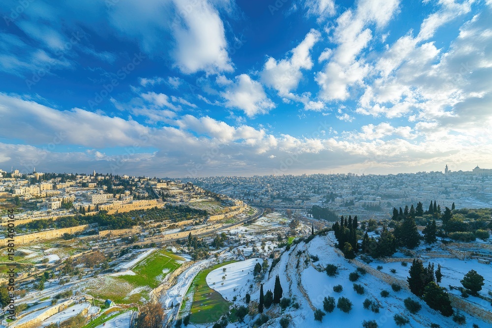 Fototapeta premium Panoramic view of a city blanketed in winter