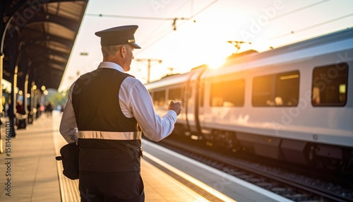 Train conductor assisting passengers at a rural station, with an electric train waiting in the background, captured during golden hour, ultra-clear visuals