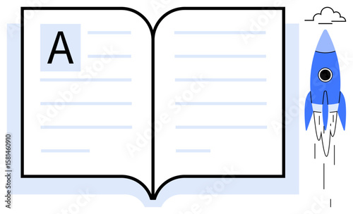 Open book with large letter A and flowing text pages beside a launching rocket. Ideal for education, innovation, creativity, learning, progress, knowledge, exploration. Simple flat metaphor