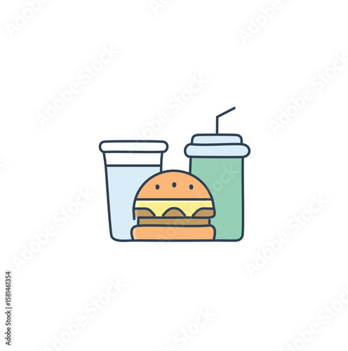 Orange burger with yellow cheese and two drinks hamburger beverage
