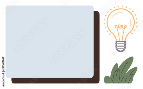 Light bulb symbolizing innovation alongside overlapping abstract shapes and green leaves. Ideal for creativity, sustainability, design thinking, brainstorming, environmental concepts, innovation